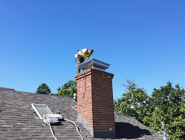 Euclid Chimney Sweep technician measuring a chimney cap in Euclid, OH